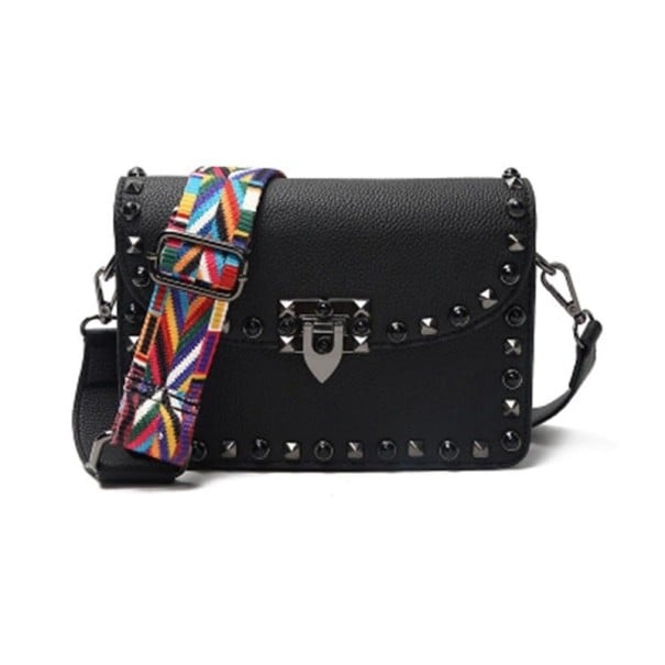 Damen Crossbody Tasche mit Nieten und metallischem Verschluss Zwei abnehmbare Riemen einschließlich buntem PU-Leder Maße 21 x 15 x 6 cm schwarz