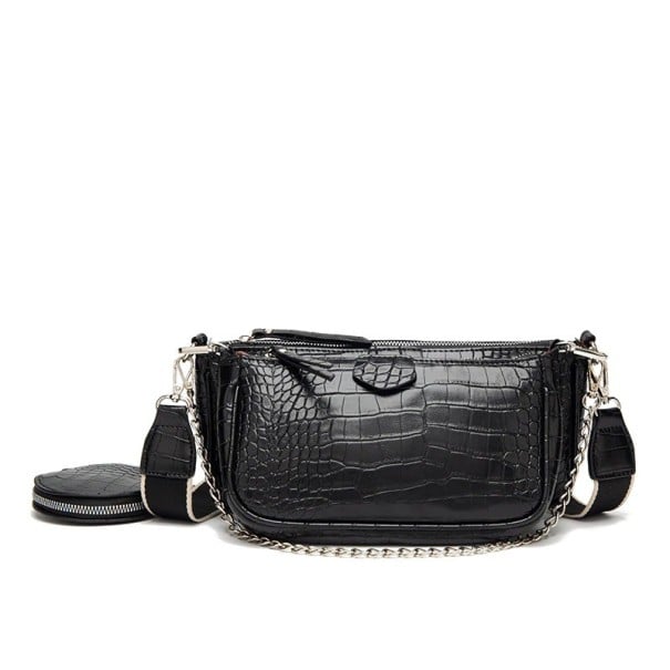 Damen Crossbody Tasche mit Schlangenledermuster Zwei Fächer mit Reißverschluss Kette und breiter Tragegurt PU-Leder und Polyester 26 x 12 schwarz