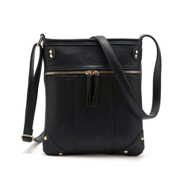 Damen Crossbody Tasche mit vorderer Reißverschlusstasche Flache rechteckige Form Verstellbarer Riemen Dekorative metallische Nieten schwarz