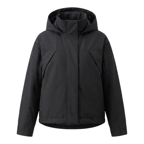 Damen dünne winddichte Jacke mit Kapuze und Stehkragen mit Reißverschluss und verstellbarem Saum im lockeren Schnitt für Frühling schwarz S