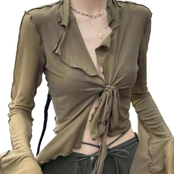 Damen Durchsichtiges Crop Top mit langen Ärmeln und V-Ausschnitt, elegantes Mesh-Top zum Binden, Taillenbluse für den Sommer armeegrün