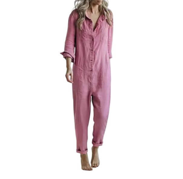Damen Einfarbiger Overall mit Knöpfen Kragen V-Ausschnitt Lange Hosen Eleganter Schnitt Material Polyester Baumwolle rosa M