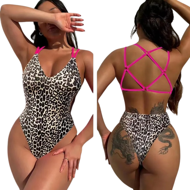 Damen Einteiler Badeanzug Dünne Träger V-Ausschnitt Einfarbig mit Leopardenmuster Polyester Nylon Sommer Strand- und Schwimmbad-Badeanzug grau M