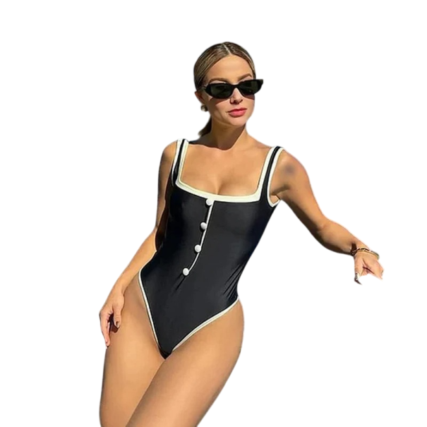 Damen Einteiler Badeanzug Einfarbiges Design O-Ausschnitt mit Knöpfen Polyester Schnelltrocknendes Material Sommer Strandmode schwarz S