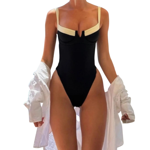 Damen Einteiler Badeanzug Schwarze Ausführung V-Ausschnitt Polyester Schnell trocknendes Material Elegante Strandmode XS