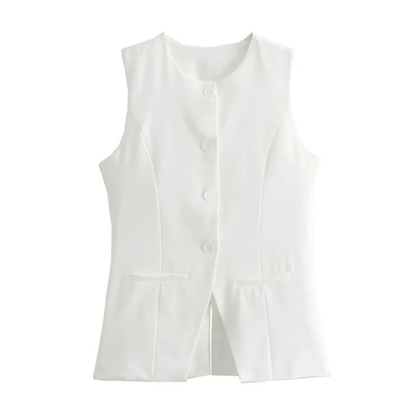 Damen elegante einfarbige Weste mit Rundhalsausschnitt Knopfverschluss Stilvolle Polyesterweste ohne Ärmel für den Alltag und formelle Anlässe weiß L
