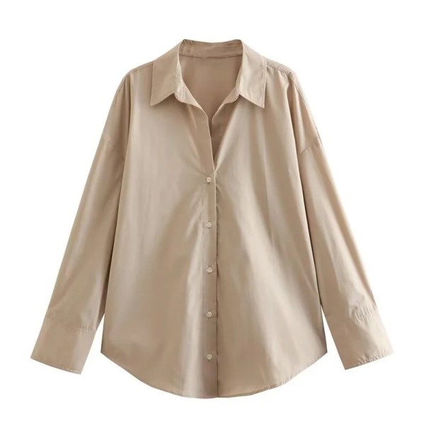 Damen elegante lockere Bluse mit Kragen und langen Ärmeln Einfarbige Bluse mit Knöpfen aus leichtem Polyester Stilvolles Oberteil für jeden Tag khaki L
