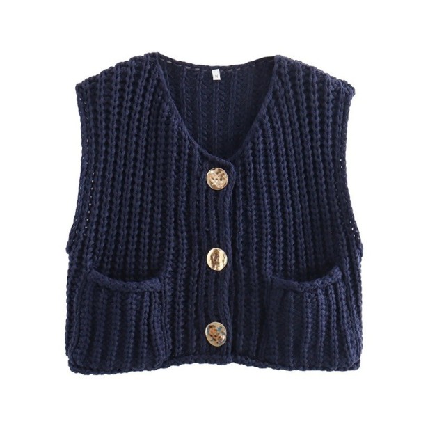 Damen elegante Strickweste mit V-Ausschnitt und Taschen Einfarbige Weste mit Knopfverschluss Bequemer Polyesterpullover in verschiedenen Farben dunkelblau L