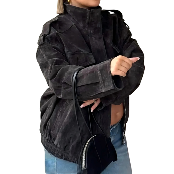 Damen elegante Wildlederjacke mit Stehkragen und Reißverschluss sowie Fronttaschen und langen Ärmeln für die Freizeit in der Stadt und für den täglichen Gebrauch schwarz XS