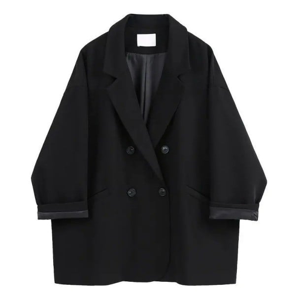 Damen elegantes Sakko mit Kragen und Taschen Einfarbiges Blazer aus Polyester Stylischer Mantel schwarz L