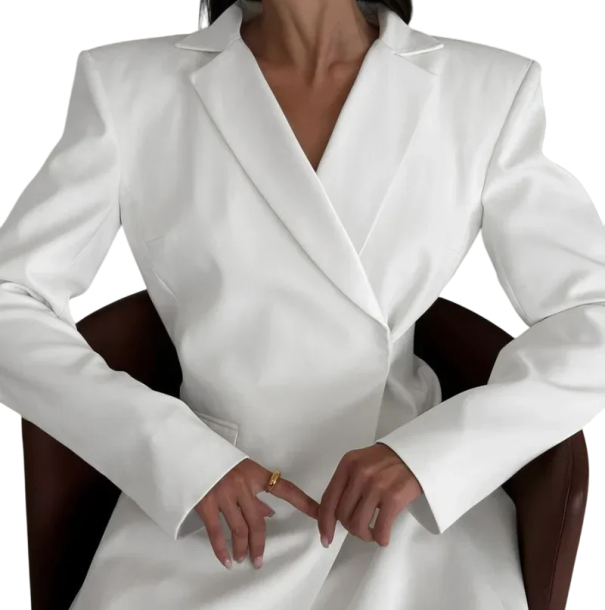 Damen elegantes Sakko mit Kragen und Taschen Einfarbiges Sakko mit Ausschnitt auf der Rückseite und verstellbarem Riemen aus Polyester und Spandex Stilvolle Jacke weiß L