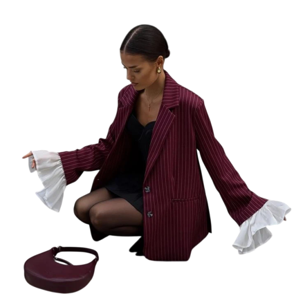 Damen elegantes Sakko mit Streifen, Taschen und Knopfverschluss Stilvolles einfarbiges Sakko aus Polyester und Baumwolle für Arbeit, Meetings und Freizeit weinrot L