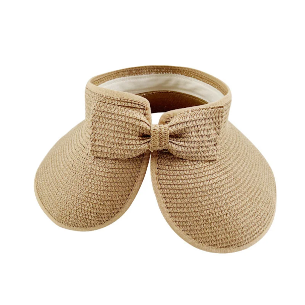 Damen Faltbar Stroh Sommercap 54-58cm Breite Krempe mit Schleife UV Schutz Strandhut Ohne Oberteil Frühling Sommer Erwachsene hellbraun