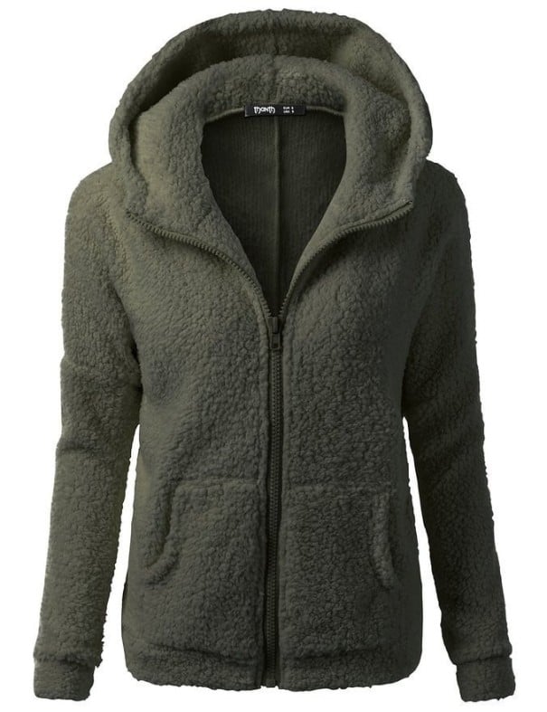 Damen flauschige Jacke mit Kapuze und Reißverschluss Wärmendes Baumwollmaterial Zwei Fronttaschen Bequeme Schicht für kalte Herbst armeegrün 3XL