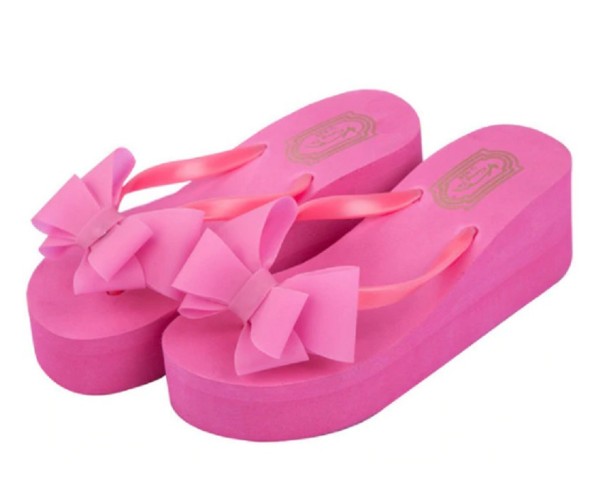 Damen-Flip-Flops auf hohem Plateau mit Schleife dunkelrosa 40