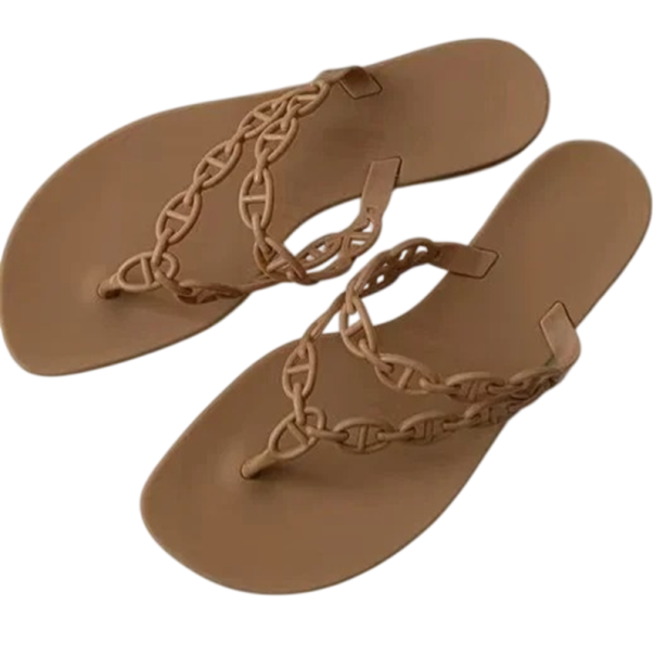 Damen Flip-Flops mit Kettenband zwischen den Zehen PVC-Obermaterial mit Gummisohle Offene Zehen Sommer Schuhe für Strand und Pool braun 37