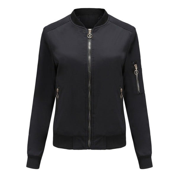 Damen Frühlingsjacke Bomber mit geripptem Stehkragen und Bündchen Reißverschlusstaschen auch am Ärmel Gesteppten Schultern Polyester schwarz XS