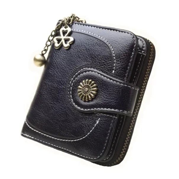 Damen-Geldbörse aus gewachstem Leder mit Blumenlogo, Kleeblatt-Anhänger und Kugel am Reißverschluss, Kartenfächern, Münzfach, elegantes Design schwarz
