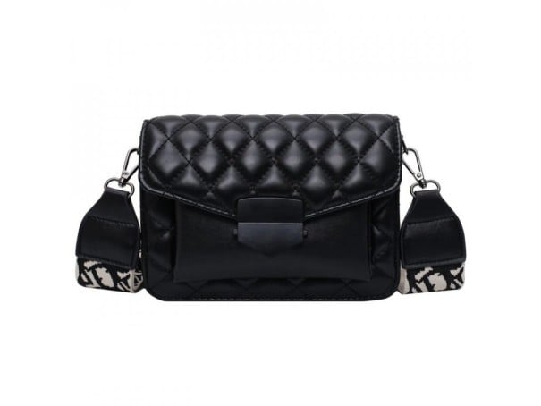 Damen gesteppte Umhängetasche aus Kunstleder 20 x 15 x 6 cm Crossbody mit Klappe Breiter gemusterter Gurt an metallenen Karabinerhaken schwarz
