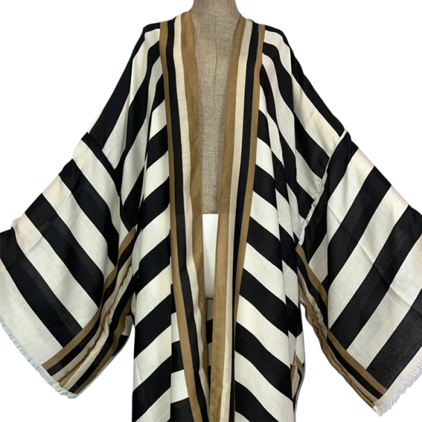 Damen gestreiftes Kimono mit langen, lockeren Ärmeln Strandüberwurf über Badebekleidung für den Strand, am Pool, im Urlaub schwarz