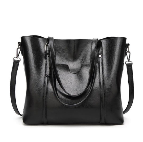 Damen große Umhängetasche aus Kunstleder 32 x 29 x 12 cm Zwei lange Griffe und Gurt an Metallkarabinern Glänzende Oberfläche schwarz