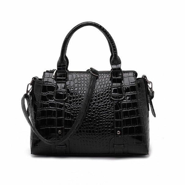 Damen Handtasche aus Leder mit Krokodilhautmuster Glänzende Oberfläche Zwei Griffe und langer Schulterriemen Leder und Polyester 32 x 24 x schwarz