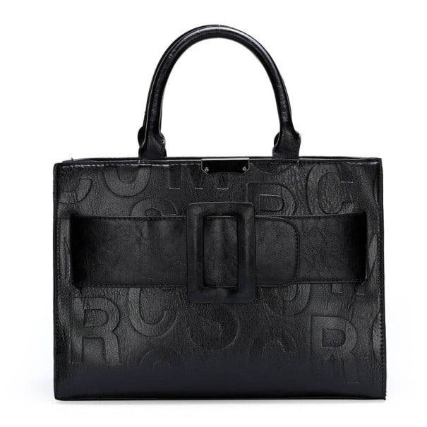 Damen Handtasche in quadratischer Form für die Hand und über die Schulter Großbuchstaben-Muster Dekorativer Gürtel mit großer Schnalle schwarz