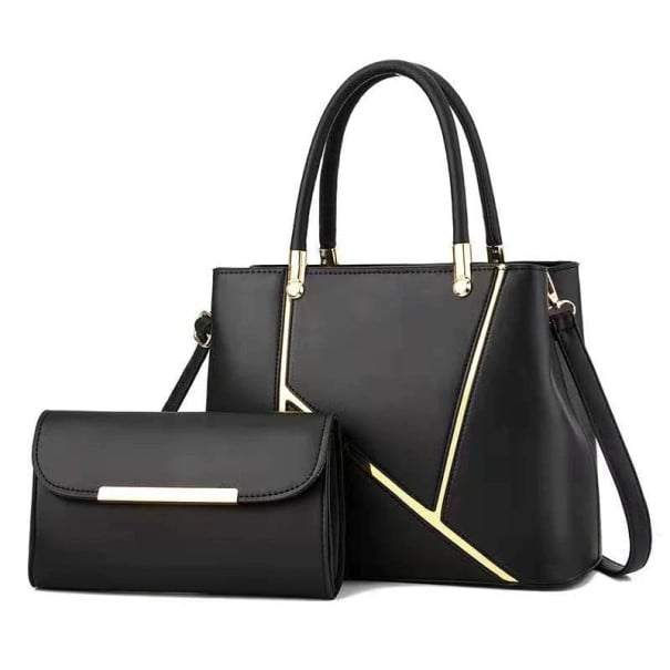 Damen Handtaschen-Set 2 Stück Handtasche mit Schultergurt 31 x 12 x 23 cm und Clutch 21 x 4 x 13 cm aus Kunstleder mit goldenen Streifen schwarz