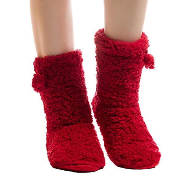 Damen-Hausschuhe – Loafer mit Pompons rot