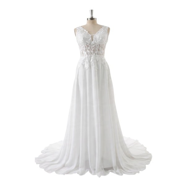 Damen Hochzeitskleid mit Spitzenoberteil und tiefem V-Ausschnitt auf breiten Trägern mit einem 50 cm langen Schleppe in A-Linie 6XL