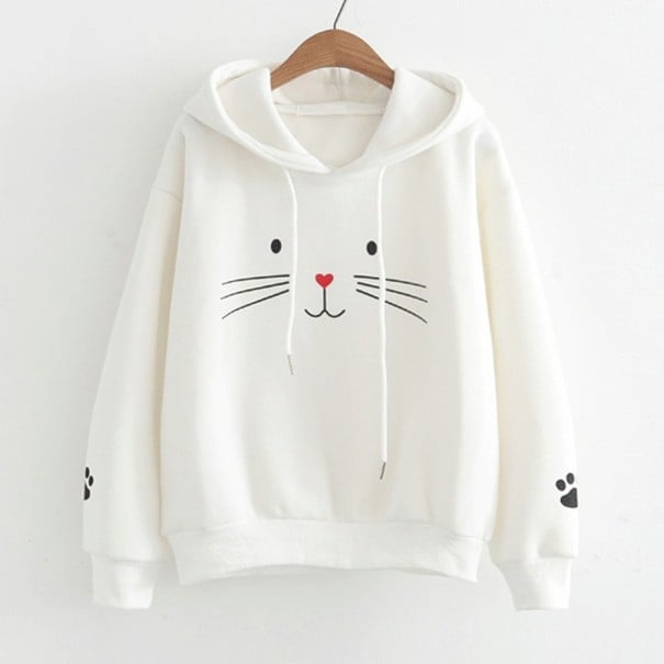 Damen Hoodie mit Druck eines Katzenkopfes Pfoten an den Ärmeln Kordelzug Rippbündchen und Saum Lange Ärmel Polyester weiß S