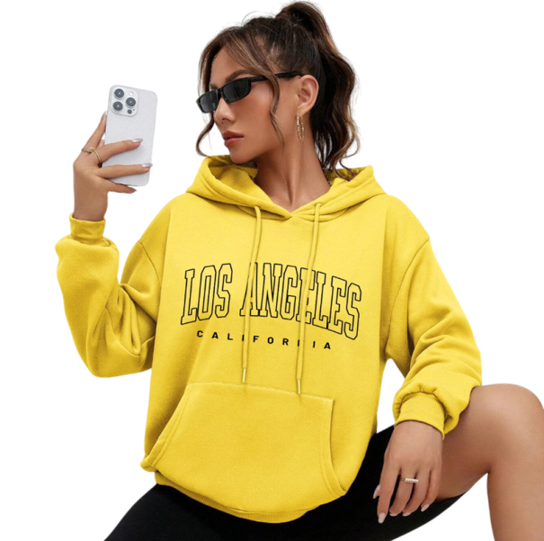 Damen Hoodie mit Taschen Einfarbiger Hoodie aus Polyester mit Aufdruck Los Angeles Stylischer Freizeitoberteil in verschiedenen Farben gelb L