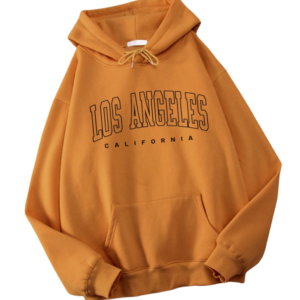 Damen Hoodie mit Taschen Einfarbiger Hoodie aus Polyester mit Aufdruck Los Angeles Stylischer Freizeitoberteil in verschiedenen Farben khaki M