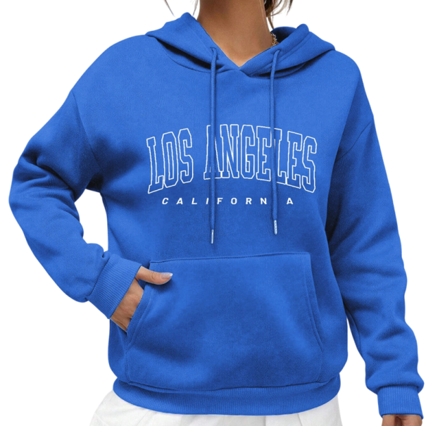 Damen Hoodie mit Taschen Einfarbiger Hoodie mit Aufdruck Los Angeles Bequemer Freizeitoberteil aus weichem Polyester in verschiedenen Farben blau XS