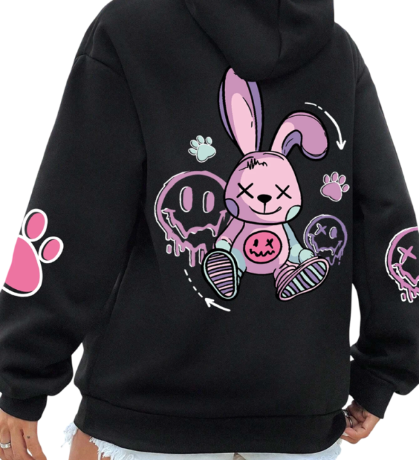 Damen Hoodie mit Taschen Einfarbiger Hoodie mit Kaninchenmuster auf dem Rücken Weiches Polyester Bequemer Freizeitstil in verschiedenen Farben schwarz XL