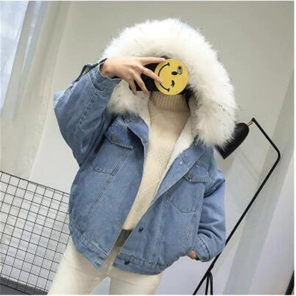 Damen-Jeansjacke mit Fell weiß S