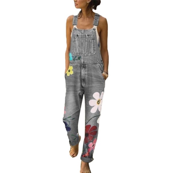 Damen-Jeansoverall mit Blumen grau 3XL