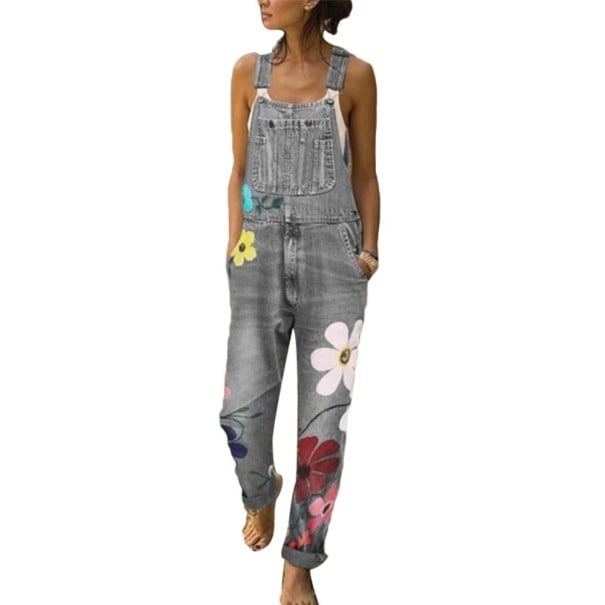 Damen-Jeansoverall mit Blumen grau L