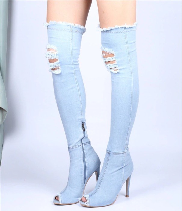 Damen-Jeansstiefel mit Löchern J2362 hellblau 41