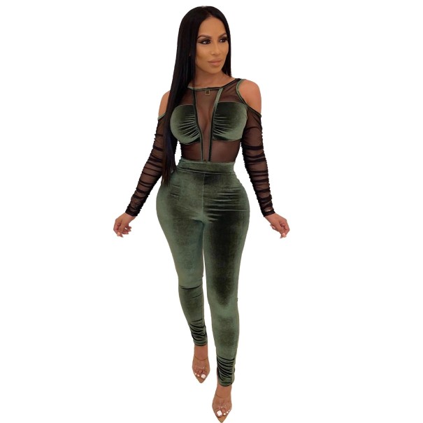 Damen-Jumpsuit aus durchsichtigem Wildleder armeegrün M
