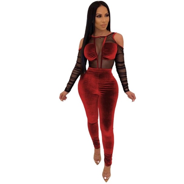 Damen-Jumpsuit aus durchsichtigem Wildleder rot S