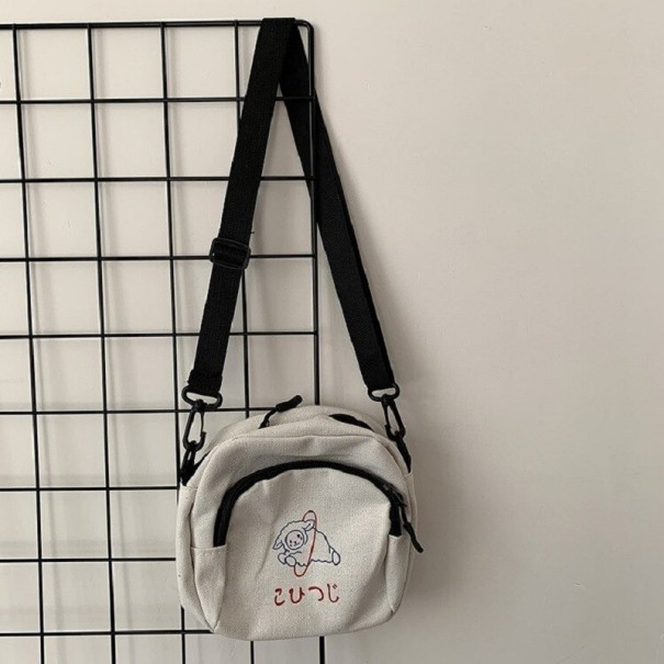 Damen kleine Crossbody-Tasche aus Canvas mit Schaf-Motiv Vordertasche mit Reißverschluss Schwarzer verstellbarer Gurt mit Karabinerhaken 15 weiß