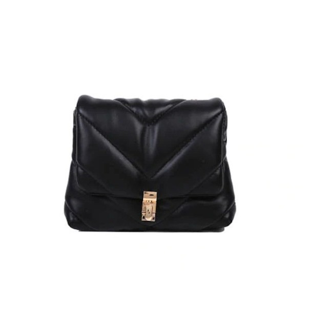Damen kleine Crossbody Tasche mit V-förmiger Steppung Weich gepolsterte Klappe Goldener Metallverschluss PU Leder 18 x 14 x 5 cm schwarz