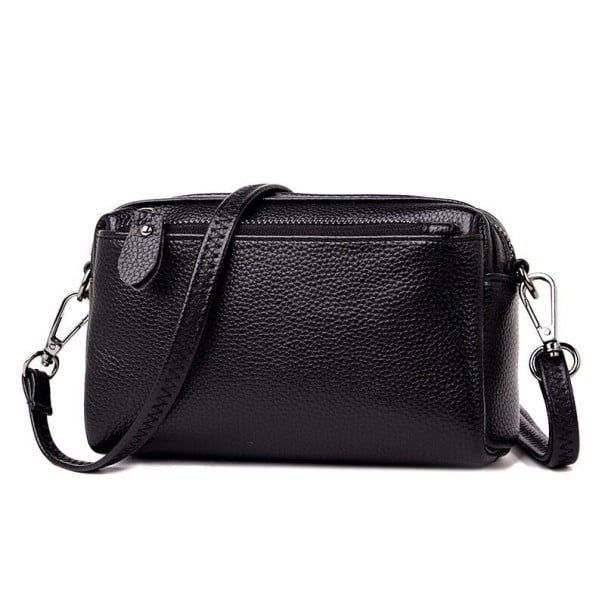 Damen kleine Crossbody Tasche rechteckiger Form Echtes Leder mit genarbter Oberfläche Trageriemen mit Karabinern Reißverschluss 17 x 10 x schwarz