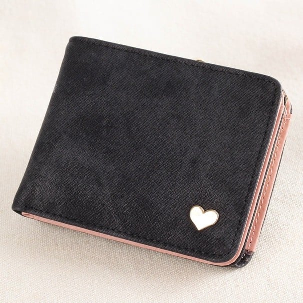 Damen kleine Geldbörse mit Herzchen und metallischem Rahmenverschluss Melierte Oberfläche Kunstleder und Polyester 11,5 x 9,5 x 2,5 cm schwarz