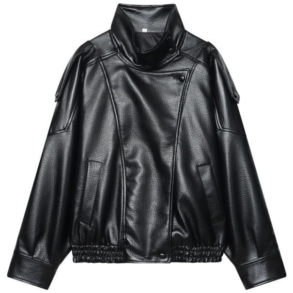Damen Kunstlederjacke mit Stehkragen, Reißverschluss und Knöpfen, langem Arm und Taschen, Freizeitjacke für die Stadt und den täglichen Gebrauch schwarz XS