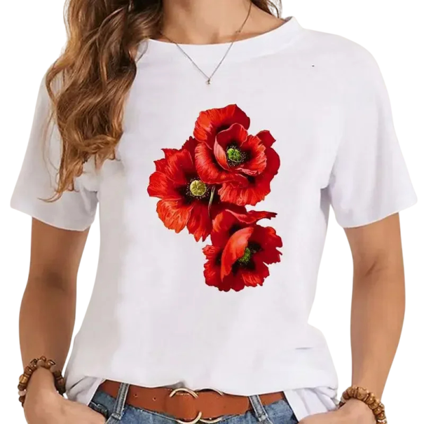 Damen Kurzarm T-Shirt Blumendruck Mohnblumen Elegant Rundhals Oberteil Mode Casual Style Bequeme Sommerkleidung L