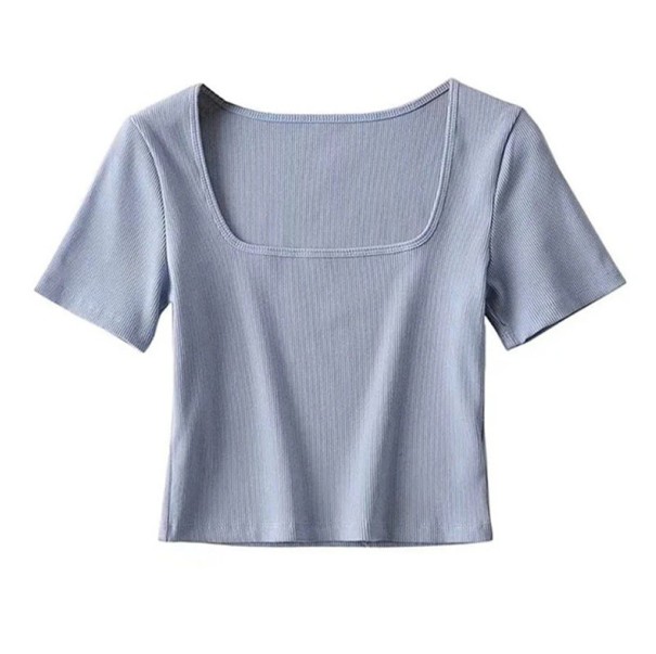 Damen Kurzarm T-Shirt Eleganter Karree-Ausschnitt Schmale Passform Leichtes Rippmaterial Stylisches Basic-Oberteil für jeden Tag blau L