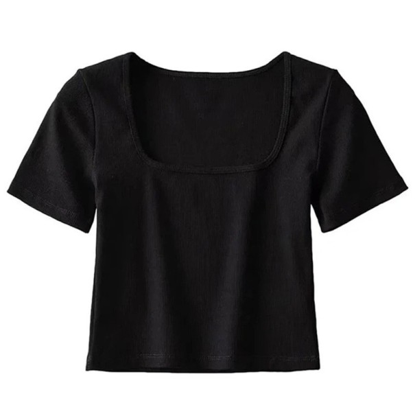 Damen Kurzarm T-Shirt Eleganter Karree-Ausschnitt Schmale Passform Leichtes Rippmaterial Stylisches Basic-Oberteil für jeden Tag schwarz L