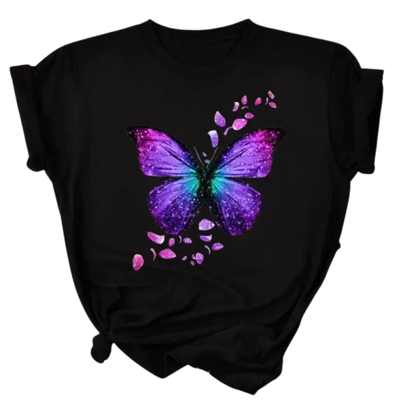 Damen Kurzarm T-Shirt Schmetterling im Space Style Lila-Blau Effekt Sommer Casual Top mit Print Stylischer bequemer Schnitt schwarz M